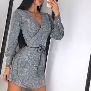 Women Autumn Dress With V-Neck and Long Sleeve