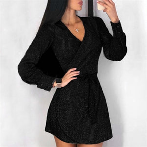 Women Autumn Dress With V-Neck and Long Sleeve